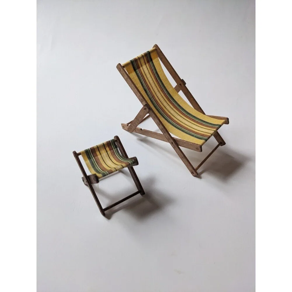 Vintage Dollhouse Miniature Folding Beach‎ Patio Outdoor Chaise Lounge Furniture